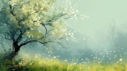 Spring landscape with blooming tree, grass and flowers for nature background,  wellness and relaxation content