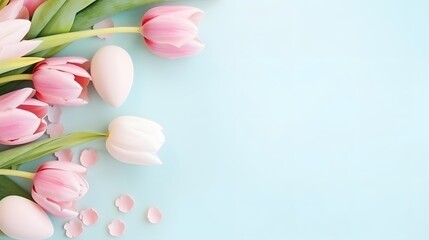 Fototapeta na wymiar tulip flower pastel background with tulip flower decoration top view