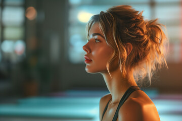 Portrait of a beautiful young woman in sportswear looking away and relaxing in the gym