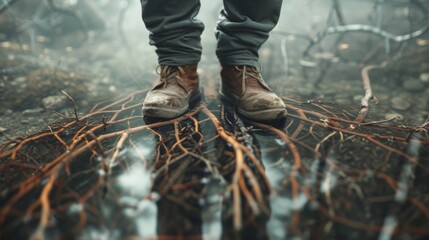 A lone figure braves the wintry fog, clad in sturdy boots, standing amidst a puddle of water in the great outdoors - obrazy, fototapety, plakaty