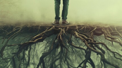 A solitary figure stands atop a gnarled tree root, shrouded in the misty fog of a winter forest, surrounded by towering trees and branches, embracing the wild nature of the outdoors - obrazy, fototapety, plakaty