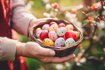 Close-up of elderly woman hands holding a basket of vibrant Easter eggs, with a blooming garden backdrop.