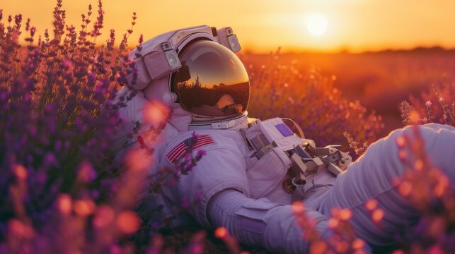 Amidst a sea of vibrant flowers, an astronaut basks in the warm embrace of the sun, their helmet and pressure suit serving as a reminder of their otherworldly journey