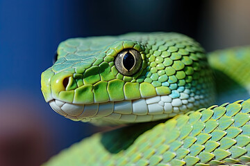 Close-up of a strikingly green snakes head, showcasing its piercing gaze and textured scales.