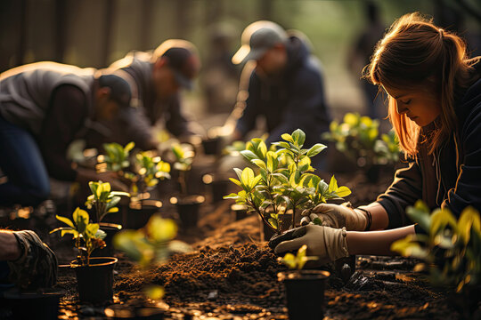 Group of diverse individuals actively engaged in tending to a flourishing garden, planting, weeding and cultivating together