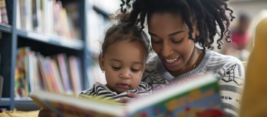 Obraz premium A loving woman enjoying sharing an engaging and heartwarming story with a curious and attentive child at home