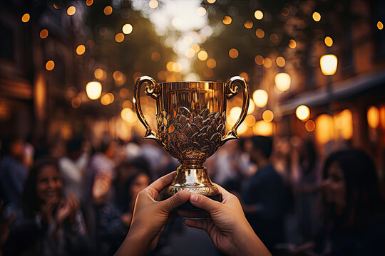 Person triumphantly holds a gleaming trophy aloft, capturing the awe-inspiring scene of their victory before an enthusiastic crowd.