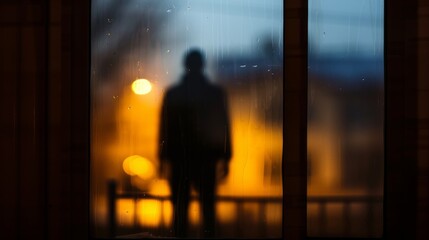 A lone figure stands in the dark, illuminated by the faint glow of a distant streetlight, their silhouette framed by the window behind them