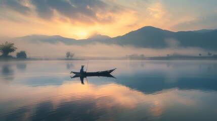 As the sunrise breaks through the fog, a lone figure navigates their canoe across the still waters of the lake, surrounded by majestic mountains and a serene landscape