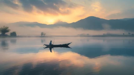 Gordijnen As the sunrise breaks through the fog, a lone figure navigates their canoe across the still waters of the lake, surrounded by majestic mountains and a serene landscape © ChaoticMind