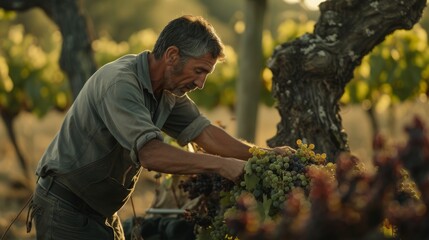 A rugged man, dressed in worn outdoor clothing, carefully plucks succulent grapes from a sprawling vine beneath the shade of a lush tree