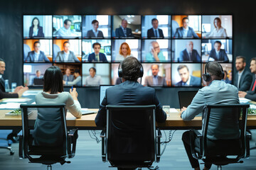 A group of professionals in a conference room engage in a hybrid meeting with remote participants displayed on a large video wall. - obrazy, fototapety, plakaty