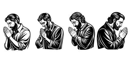 Christian man praying. Vector set linocut art illustration 