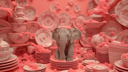 A baby elephant is sitting in a pink room with porcelaine and foam.