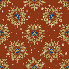 Seamless winter pattern with beautiful five point mandalas and snowflakes. On red background.