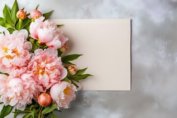 
Soft Peony Floral Card Mockup. Elegant peonies surrounding a blank card, perfect for wedding and greeting card designs.