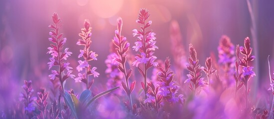 Beautiful purple flowers bloom and glisten in the warm sunlight