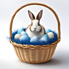 straw baskets with white and blue easter eggs with bunny