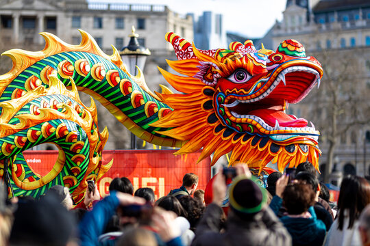 Dragon dance during Chinese lunar year celebrations in London, England
