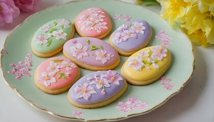 Pastel-colored iced cookies in egg shapes on a floral plate, adorned with spring blossoms created with generative ai