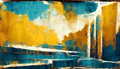 Old grunge background with blue and yellow paint on rusty metal surface