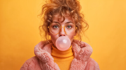 femme vue de face qui fait une bulle avec un chewing gum