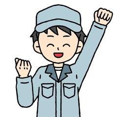 作業服を着た男性がガッツポーズをしている