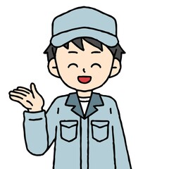 作業服を着た男性が案内をしている