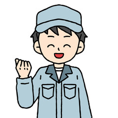 作業服を着た男性がガッツポーズをしている