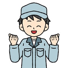 作業服を着た男性がガッツポーズをしている