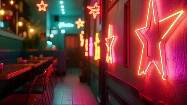 A wall lined with neon starshaped lights giving the room a dreamy celestial feel.