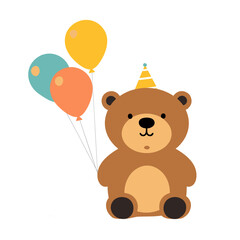teddy bear with birthday hat and balloons vector illustration isolated transparent background logo, cut out or cutout t-shirt print design