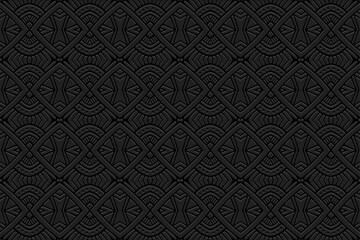 Embossed black background, cover design. Handmade, boho, doodle, zentagle. Geometric abstract 3D pattern. Ornaments, arabesques. Vintage art of the East, Asia, India, Mexico, Aztec, Peru.