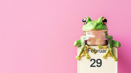 A cheerful funny Frog - a symbol of the day in a leap year, sits near a calendar with the date February 29. Frog jump event celebration concept