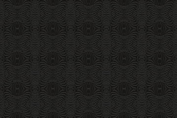 Embossed black background, cover design. Handmade, boho, doodle, zentagle. Geometric exotic 3D pattern. Ornaments, arabesques. Vintage art of the East, Asia, India, Mexico, Aztec, Peru.