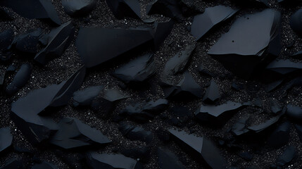 Abstract Obsidian Fragments. A high-resolution image of sharp obsidian shards with a dusting of fine particles, perfect for textured backgrounds.