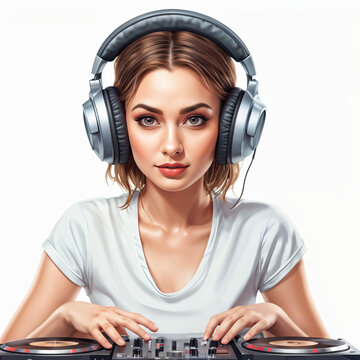 beautiful DJ girl in headphones with mixing console isolated on white