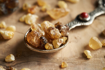 Frankincense resin on a table, close up