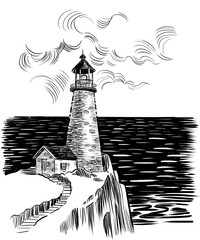 Fototapeta premium Old lighthouse in the seaside. Hand-drawn black and white illustration 