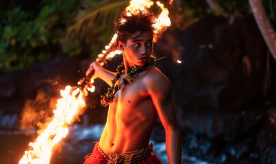 Hawaiian fire dancer performs at a luau at night - obrazy, fototapety, plakaty