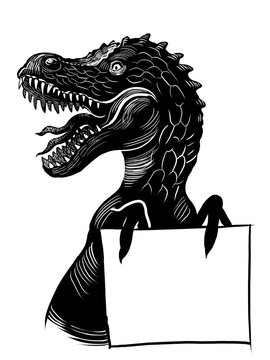 Tyrannosaurus with blank sheet. Hand-drawn black and white illustration