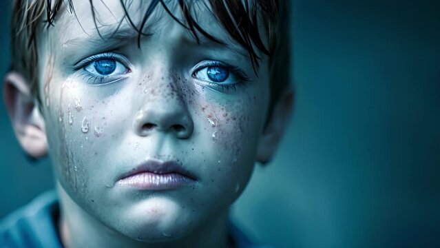 A young boy with tears streaming down his face and a look of frustration and helplessness in his eyes, Young Boy With Blue Eyes Crying
