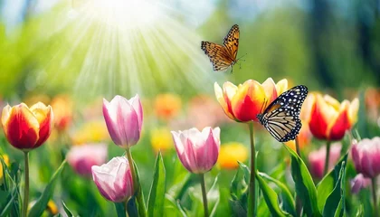 Fotobehang beautiful meadow field with tulips flowers and butterfly in the rays of sunlight in summer in the spring perfect natural landscape a picturesque artistic image with a soft focus illustration © Pauline