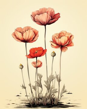 Vintage colorful illustration of blooming buds and large poppies in muted warm tones