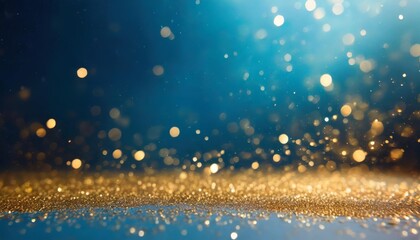 blue gradient background with scattered gold particles creates a festive mood