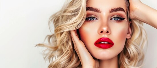 Beautiful young woman with blonde hair and bold red lipstick showcasing modern femininity and elegance - obrazy, fototapety, plakaty