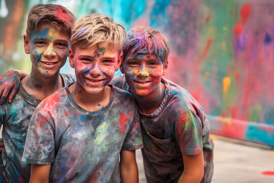 image of cheerful children with colorful faces celebrating the festival of colors Holi