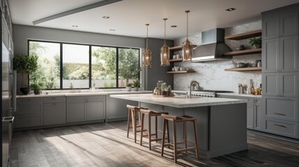 Modern kitchen with gray cabinets and a center island. - obrazy, fototapety, plakaty
