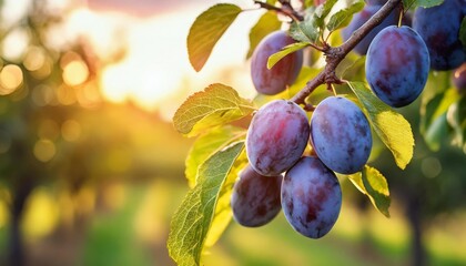 plum tree branch with ripe fruits in the garden at sunset a branch with natural plums against a blurred background of a plum orchard at golden hour generated - obrazy, fototapety, plakaty