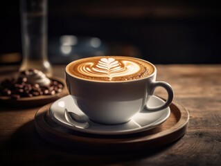 Cup of coffee on a wooden table.